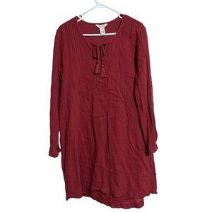 Sundance Burgundy Red Long Sleeves Tunic Dress Tassel V-Neck cotton sz M